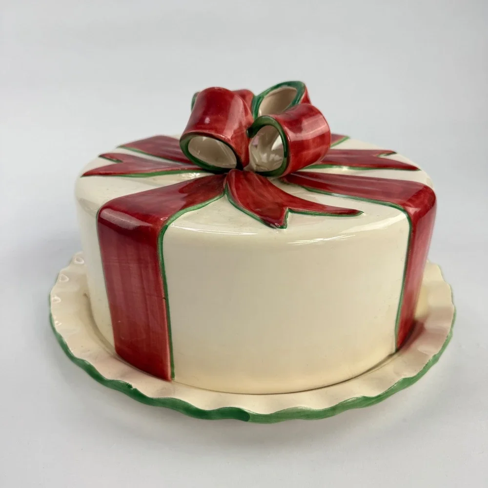 Portugal Ceramics Ribbons N‎ Bows Christmas Cake Dome Platter Vintage 1998 Gift